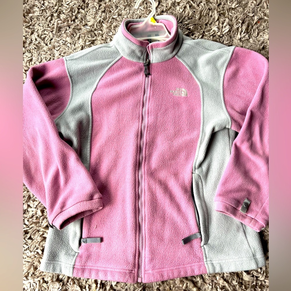 North face girls XL fleece zip up pink gray high collar long sleeve
